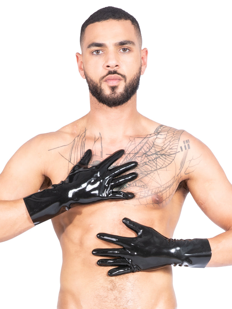 Skin Two UK Men`s Moulded Short Latex Gloves in Black Gloves