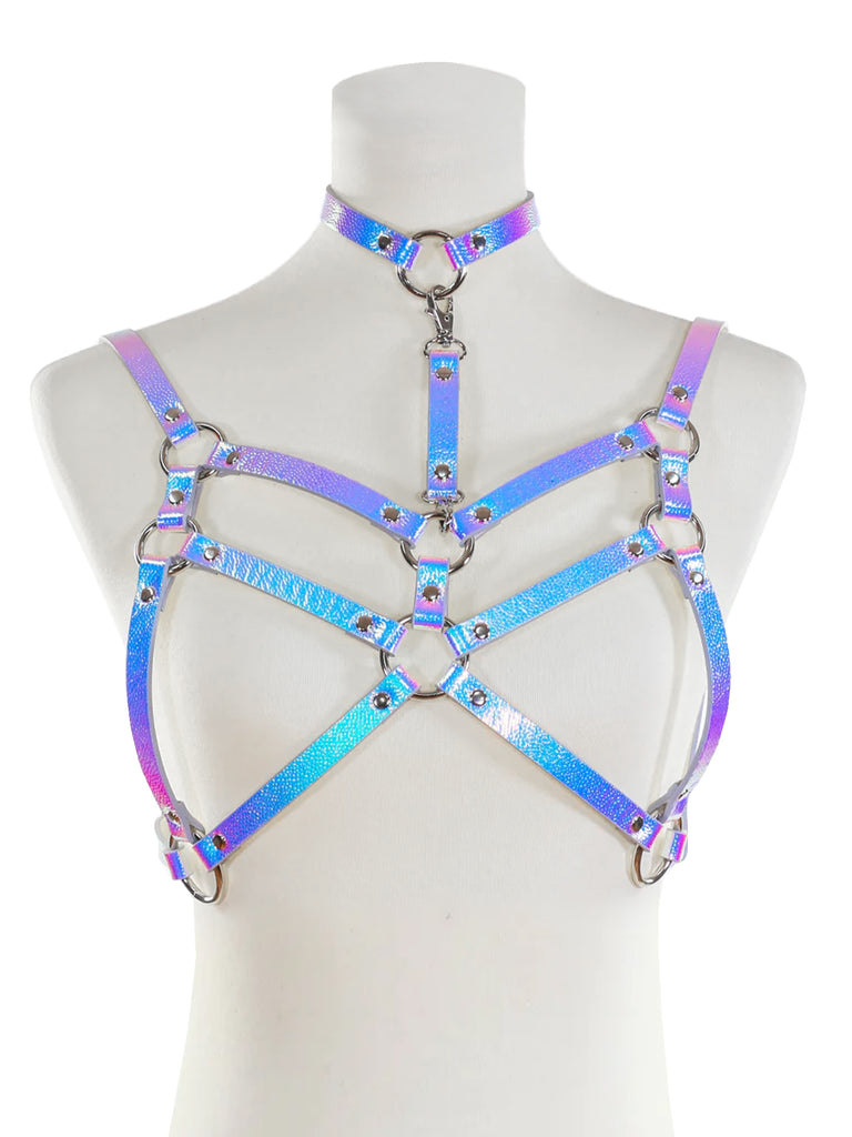 Double Strapped Bra Harness with Collar - Iridescent Silver