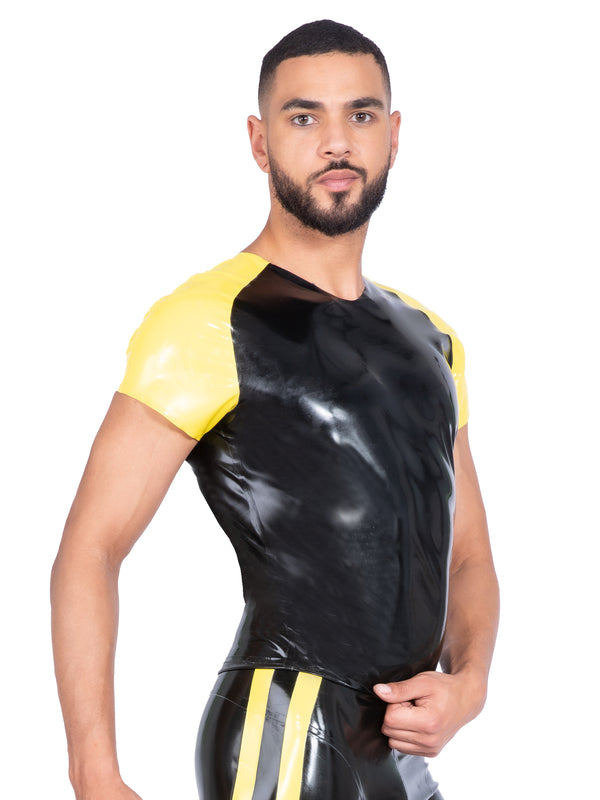 Black Fitted Latex Top With Yellow Sleeves