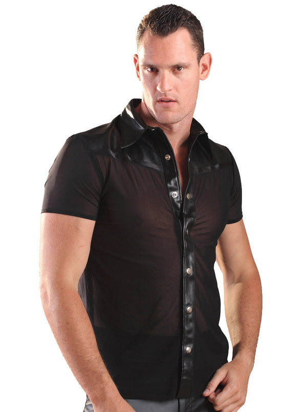 Skin Two UK Mens Nylon Trim Leather Shirt Black Top