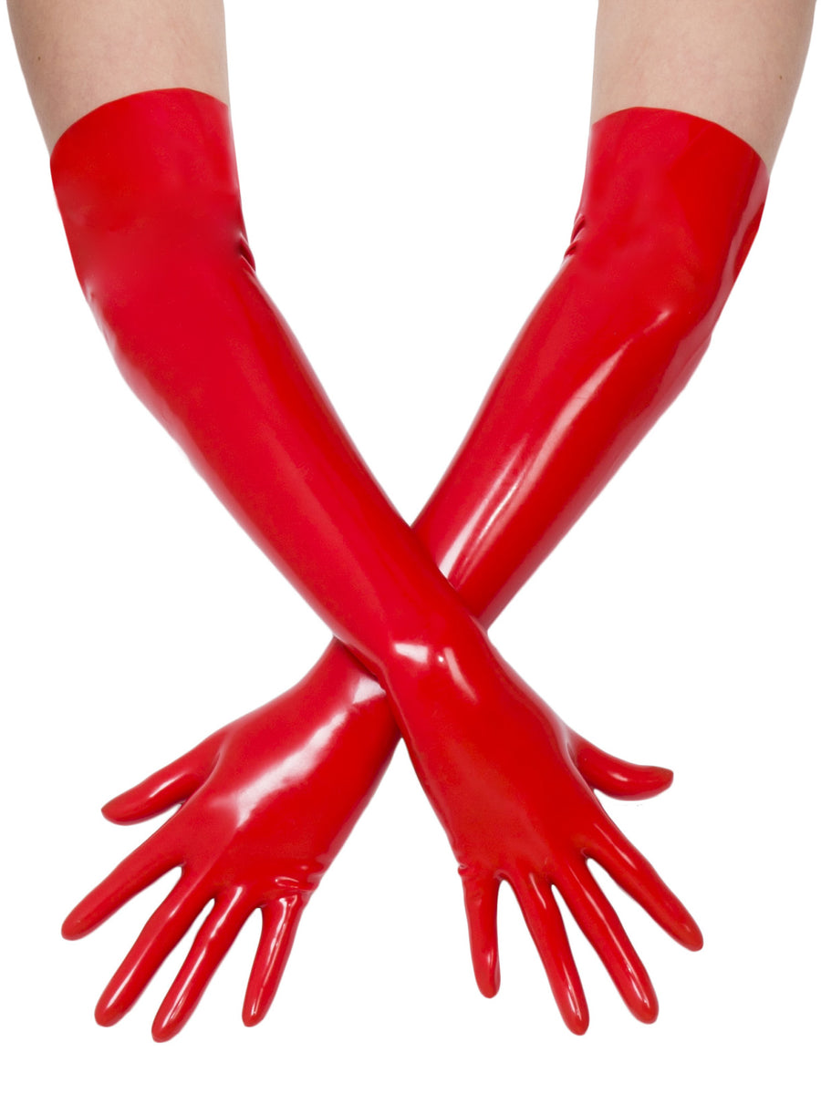 Gants longs en latex sexy rouges sans doigts avec des arcs au sommet des  mitaines en caoutchouc collé