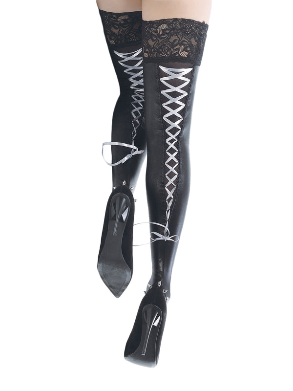 Skin Two UK Wetlook Laced Stockings with Back Ribbon Lacing Stockings