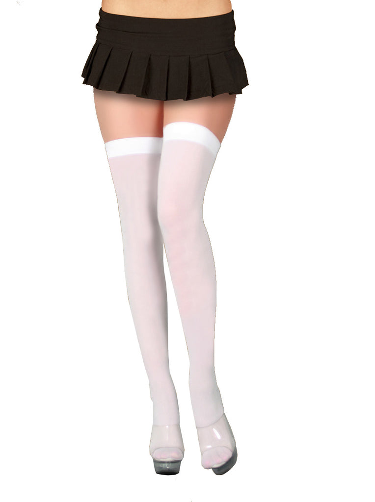 Skin Two UK White Thigh High Stockings with Bow & Lace Trim - One Size Hosiery