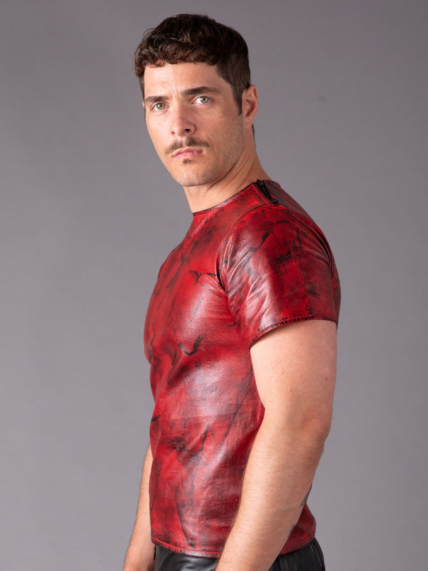 Skin Two UK Leather T-Shirt with Multi Zips in Distressed Red Top