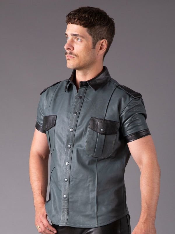 Skin Two UK Slim Fit Leather Shirt in Grey & Black Top