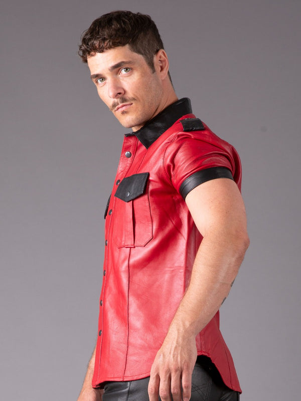 Skin Two UK Slim Fit Leather Shirt in Red & Black Top