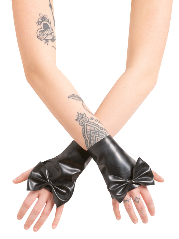 Skin Two UK Latex Wrist Gauntlets with Bow in Black-Purple Gloves