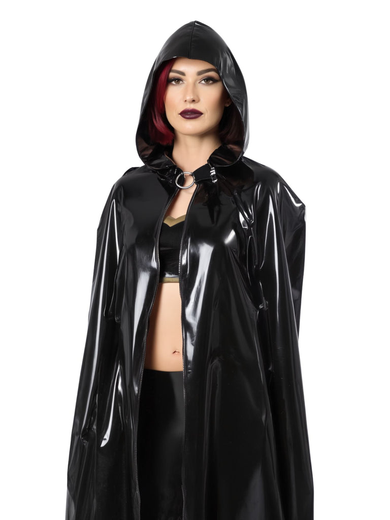 Long Black Hooded Latex Cape