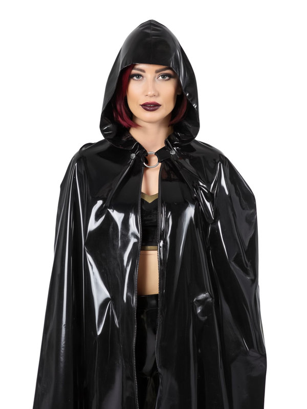 Long Black Hooded Latex Cape