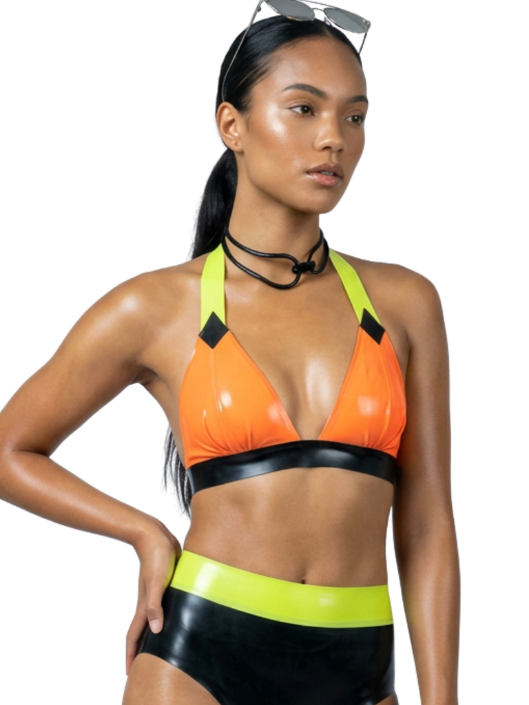 Tri-Tone Contrast Latex Halter Bikini Style Top