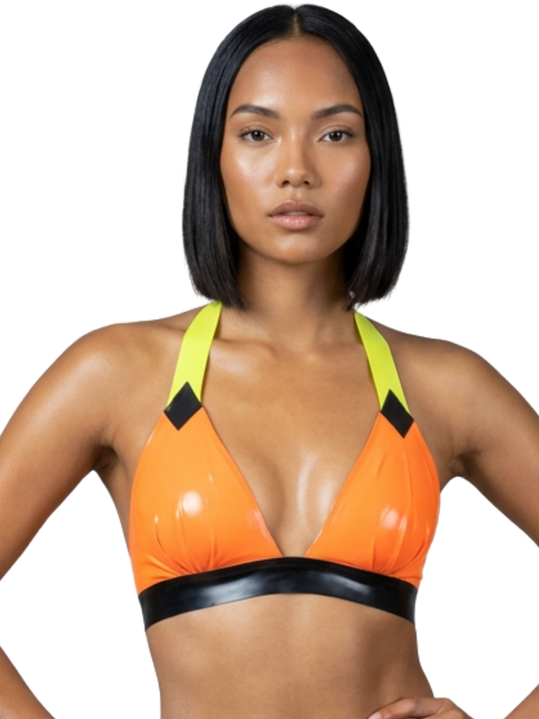 Tri-Tone Contrast Latex Halter Bikini Style Top