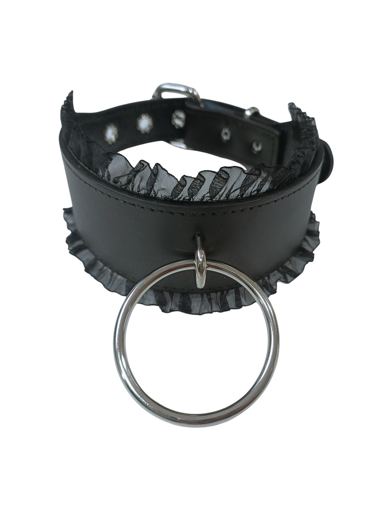 Wide Leather Collar with Lace Trim and Large O-Ring