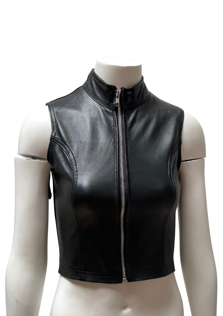 Clearance -Black Leather Zip vest, S