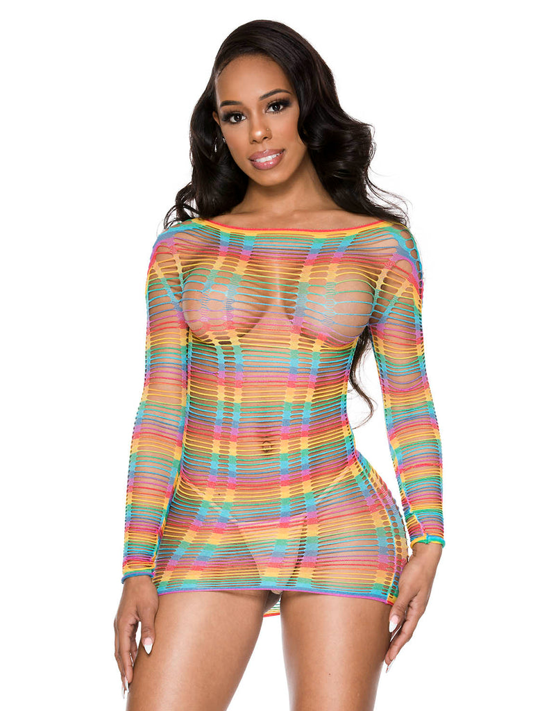 Scoop Neck Rainbow Net Mini Dress