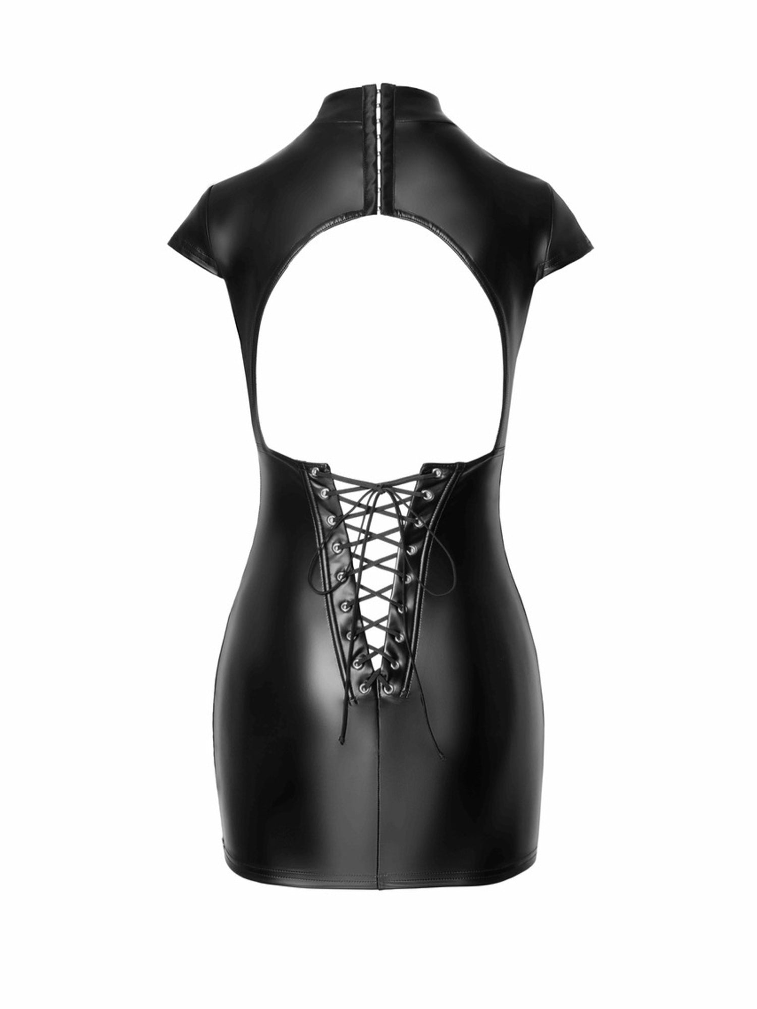 Wet Look Lace Panel Mini Dress with Adjustable Velcro Neck Closure