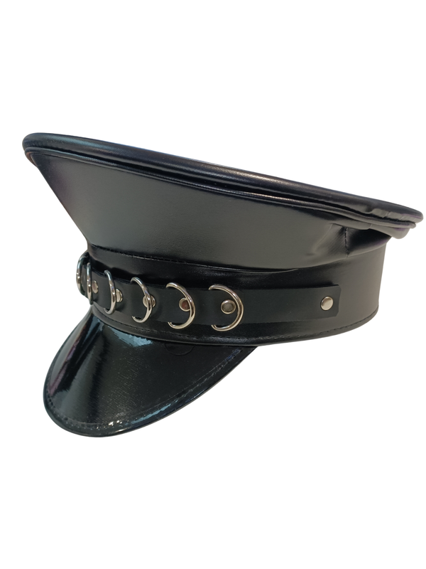 Leather Bondage Police Hat With 8 D Rings - One Size