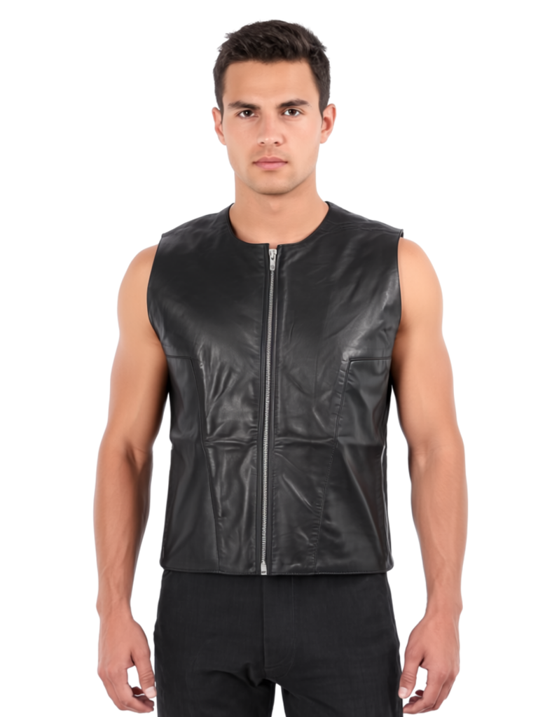 Clearance - Men's Leather Sleeveless Zip Top