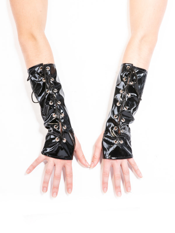 Vino Lace up PVC Gauntlet Gloves Black