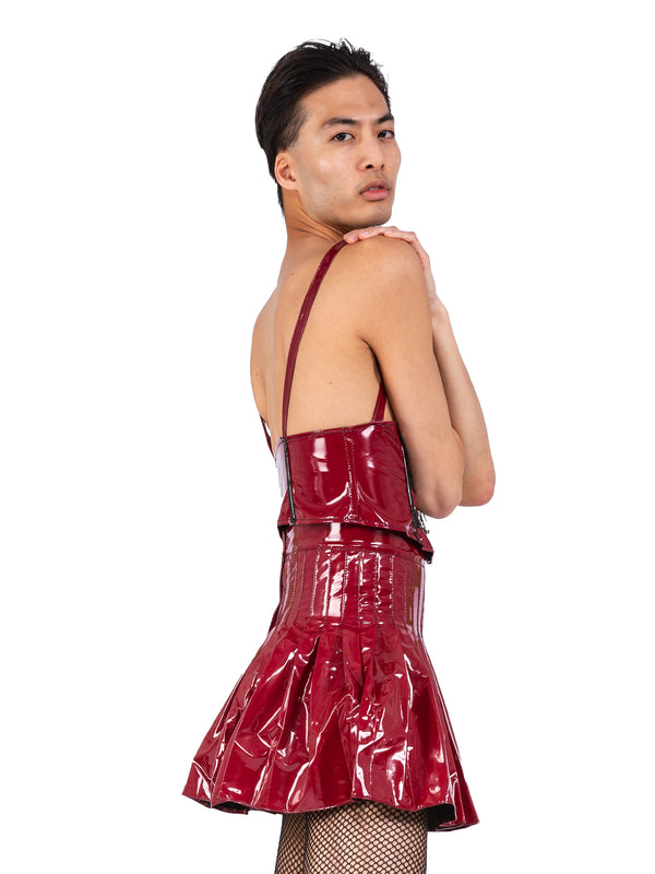 Crimson PVC Waspie with Braces & Pleated PVC Skirt