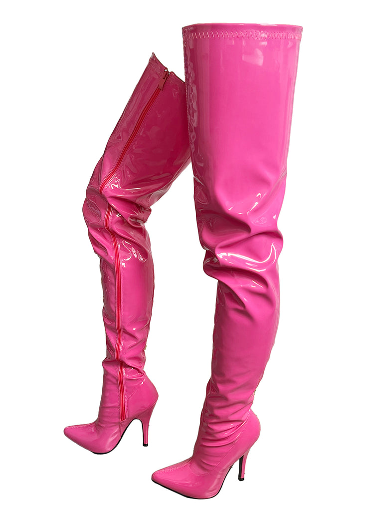 Pink vinyl thigh-high boots on a white background