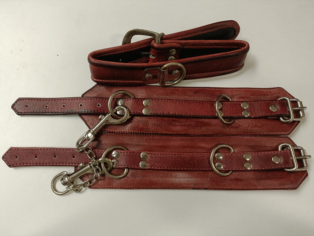 Clearance - Red Soft Leather Collar & Wrist Cuffs