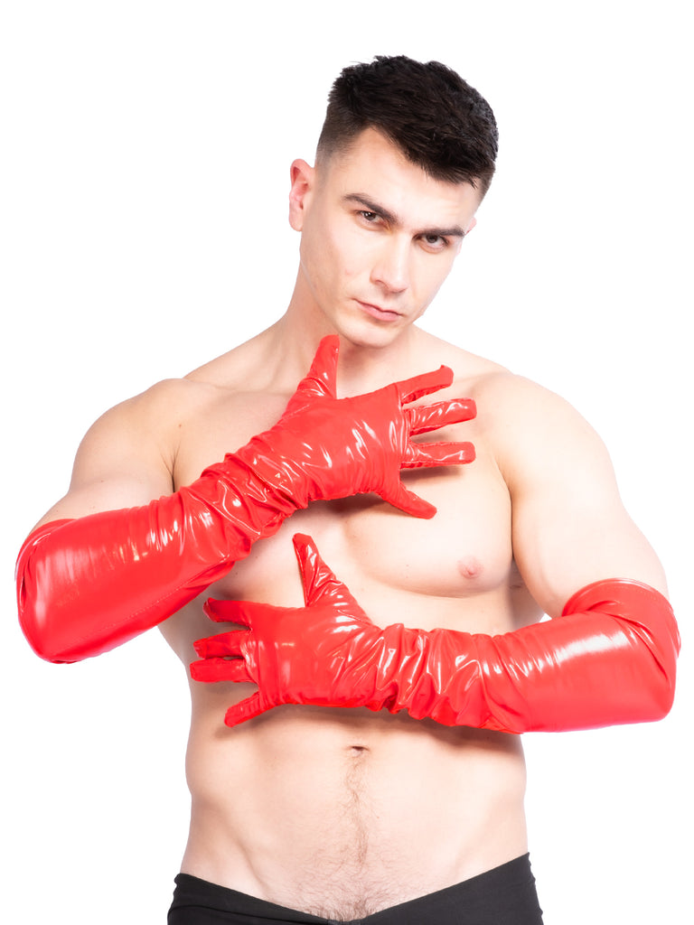 Skin Two UK PVC Men`s Long Gloves in Red Gloves