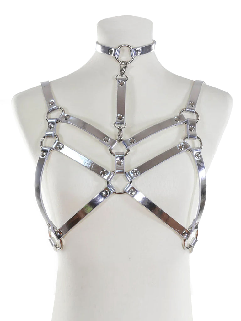 Double Strapped Bra Harness with Collar - Black