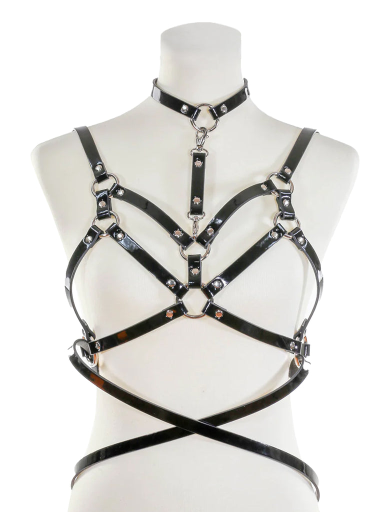 Double Strapped Bra Harness with Belt and Collar - Black