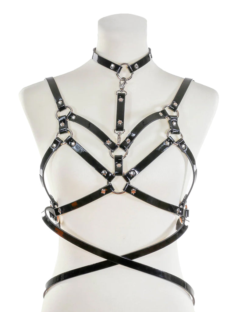 Double Strapped Bra Harness with Belt and Collar - Silver