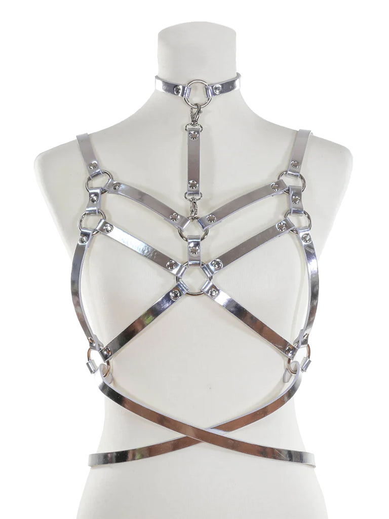Double Strapped Bra Harness with Belt and Collar - Silver