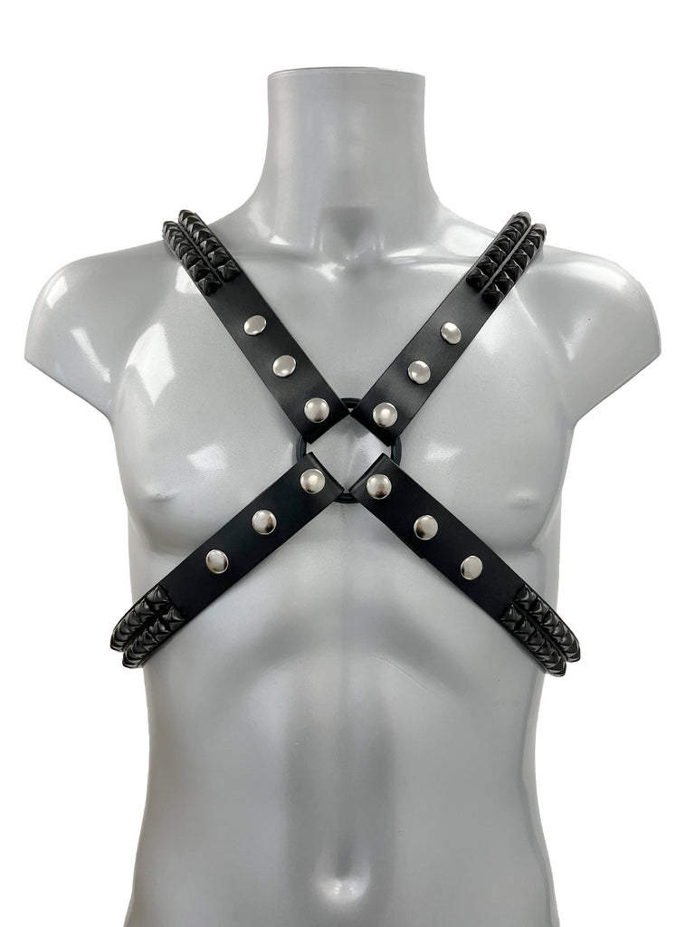 Black Crossover Pyramid Studded Chest Harness