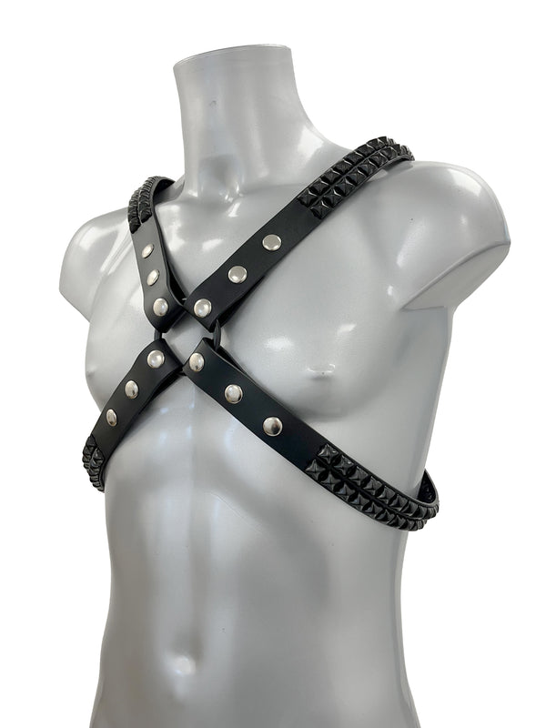 Black Crossover Pyramid Studded Chest Harness