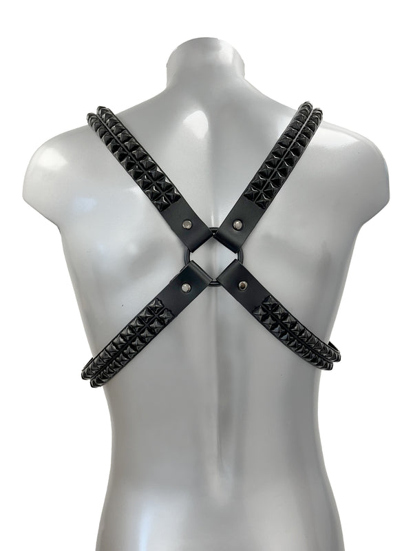 Black Crossover Pyramid Studded Chest Harness