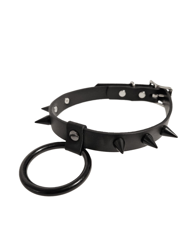 Skin Two UK 6 Spike Collar With 2 Inch O Ring - Black & Silver Collar