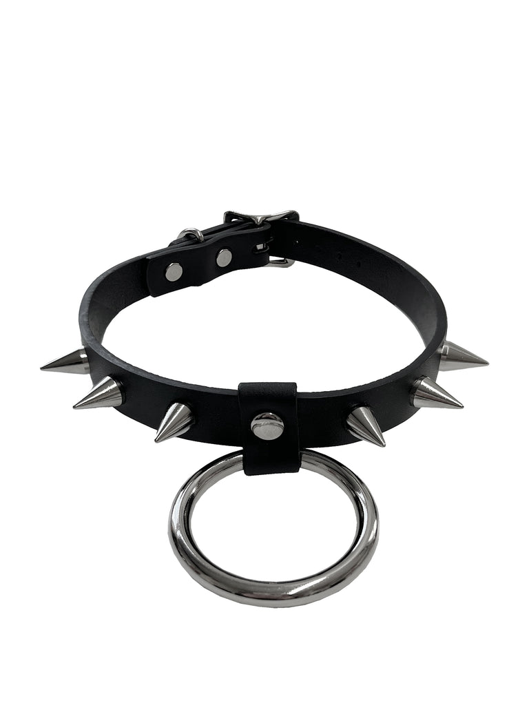 Skin Two UK 6 Spike Collar With 2 Inch O Ring - Black & Silver Collar