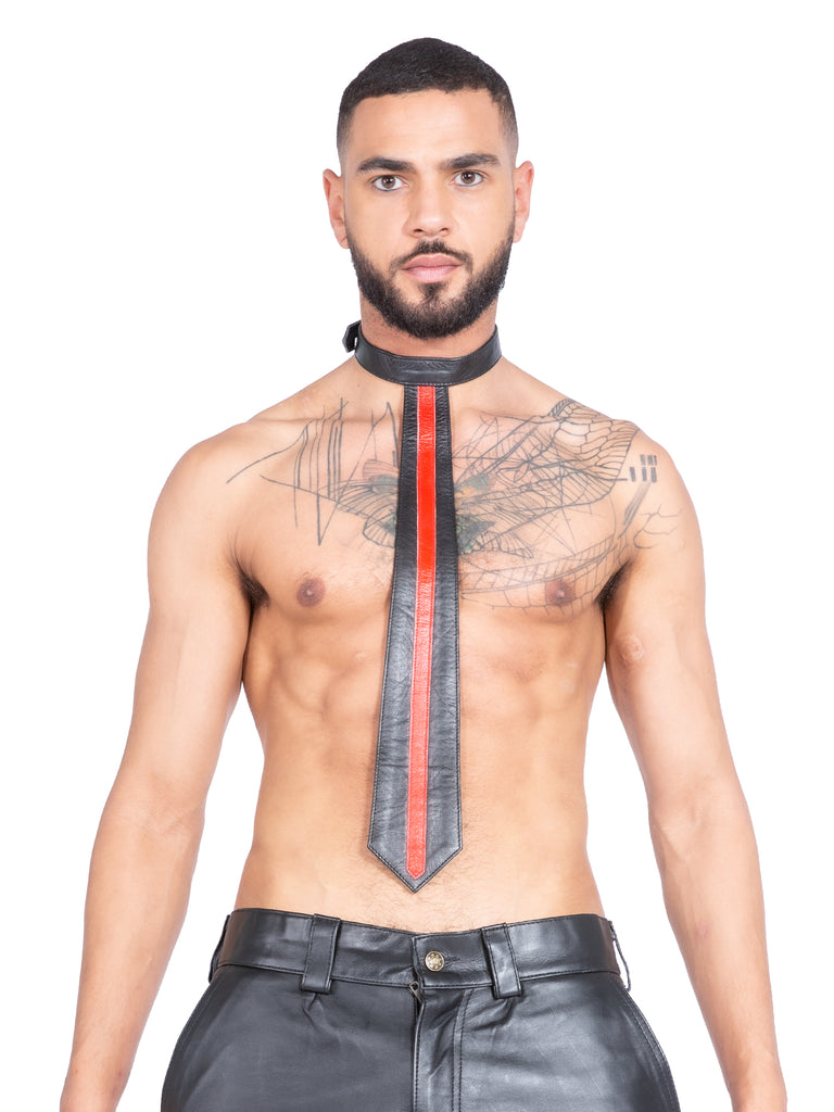 Leather Tie With Red Stripe
