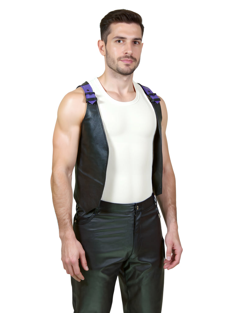 Men’s Gridlock Leather Waistcoat Black and Purple
