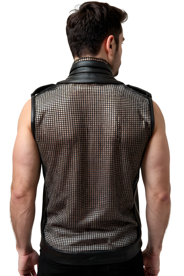 Men’s Gridlock Black Leather and Mesh Sleeveless Shirt