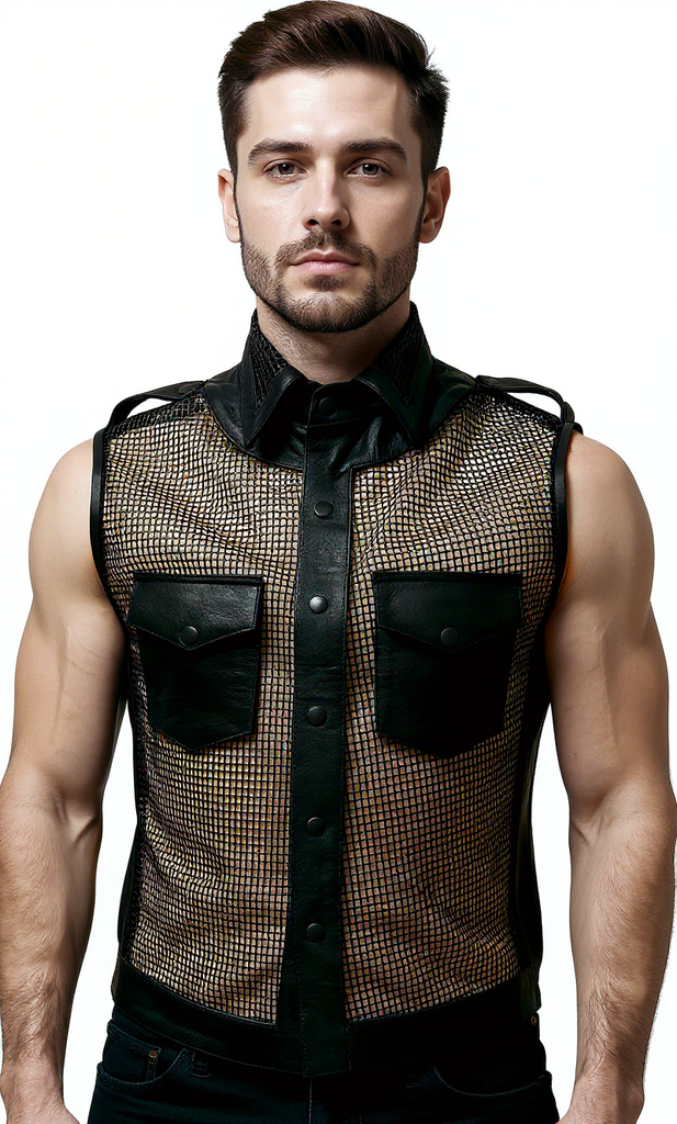Men’s Gridlock Black Leather and Mesh Sleeveless Shirt