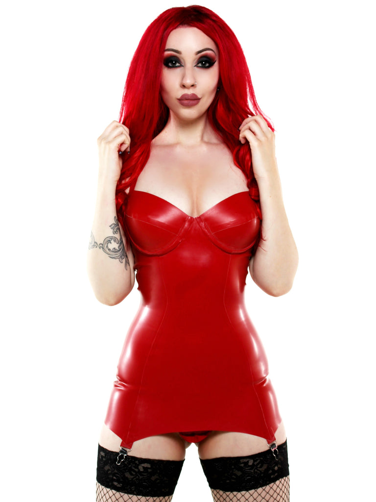 Clearance - Vanity Suspender Latex Dress in Red M