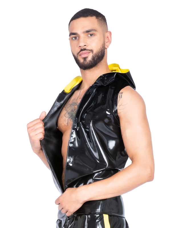 Zip Front Latex Sleeveless Hoodie With Yellow Hood & Tracksuit Bottoms