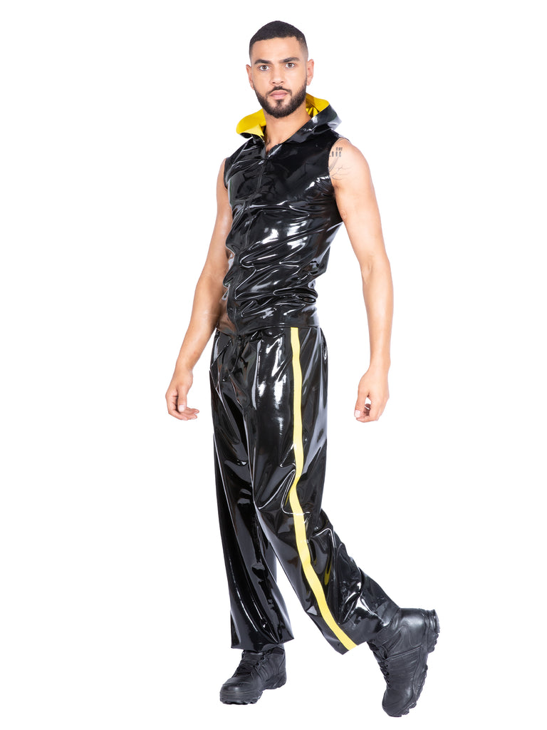 Zip Front Latex Sleeveless Hoodie With Yellow Hood & Tracksuit Bottoms