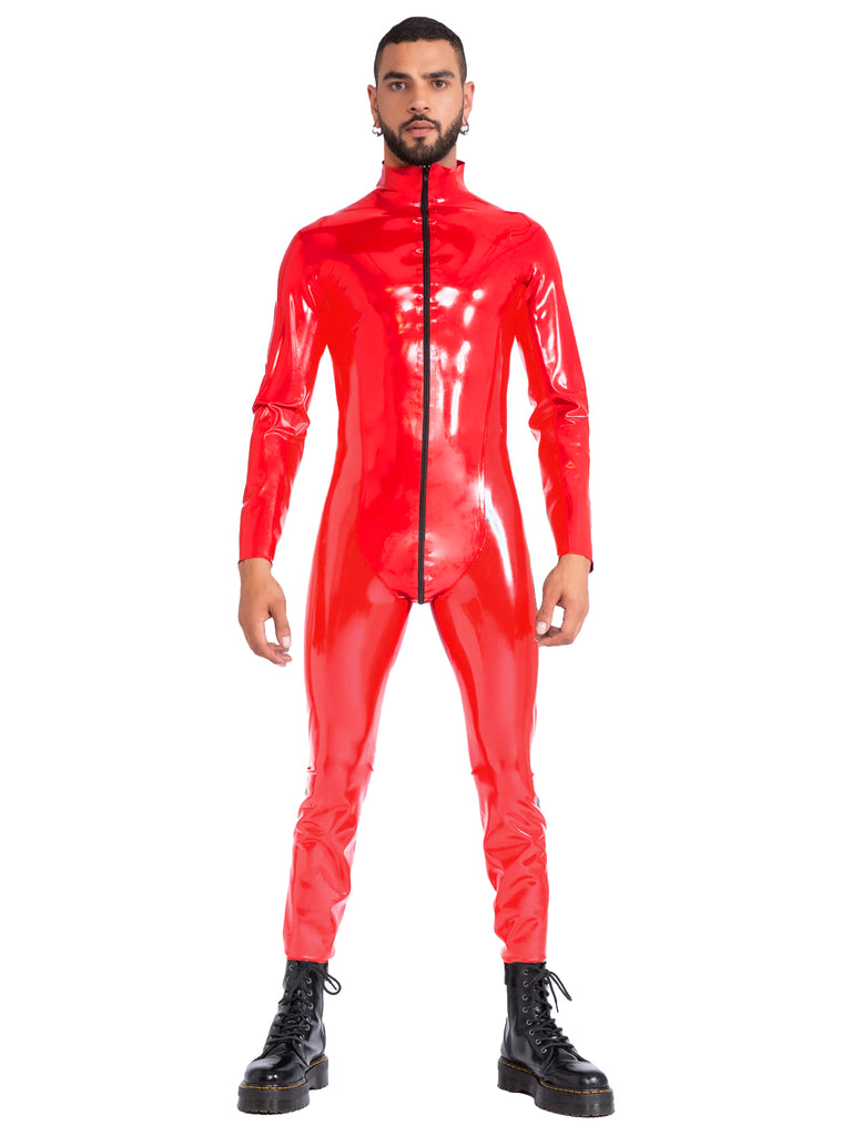 Limited Edition - Heavy Duty (0.55mm) Red Mens Zipped Latex Catsuit
