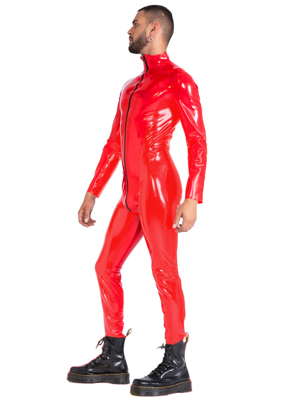 Limited Edition - Heavy Duty (0.55mm) Red Mens Zipped Latex Catsuit