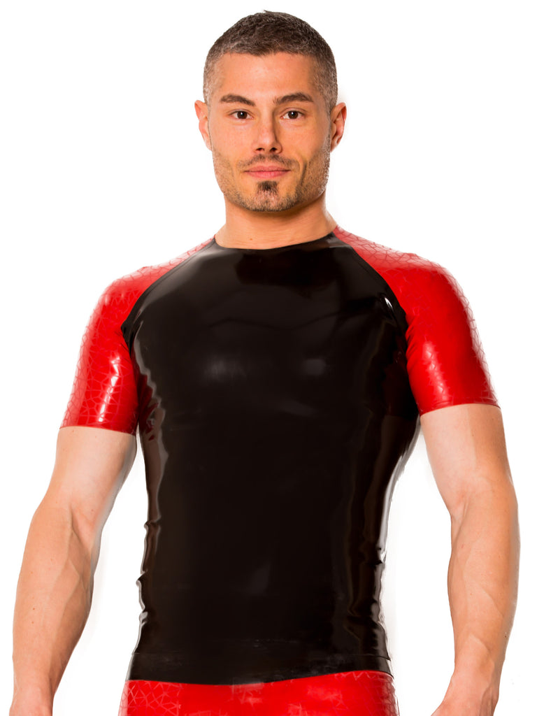 Skin Two UK Black Raglan Latex T-Shirt With Red Sahara Sleeves Top