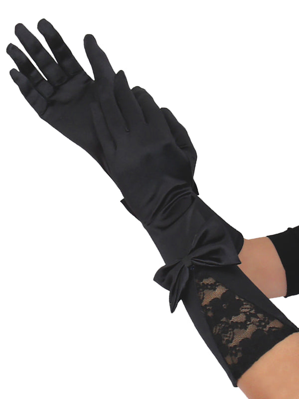 Skin Two UK Black Satin Glove With Lace Inset And Bow - One Size Gloves