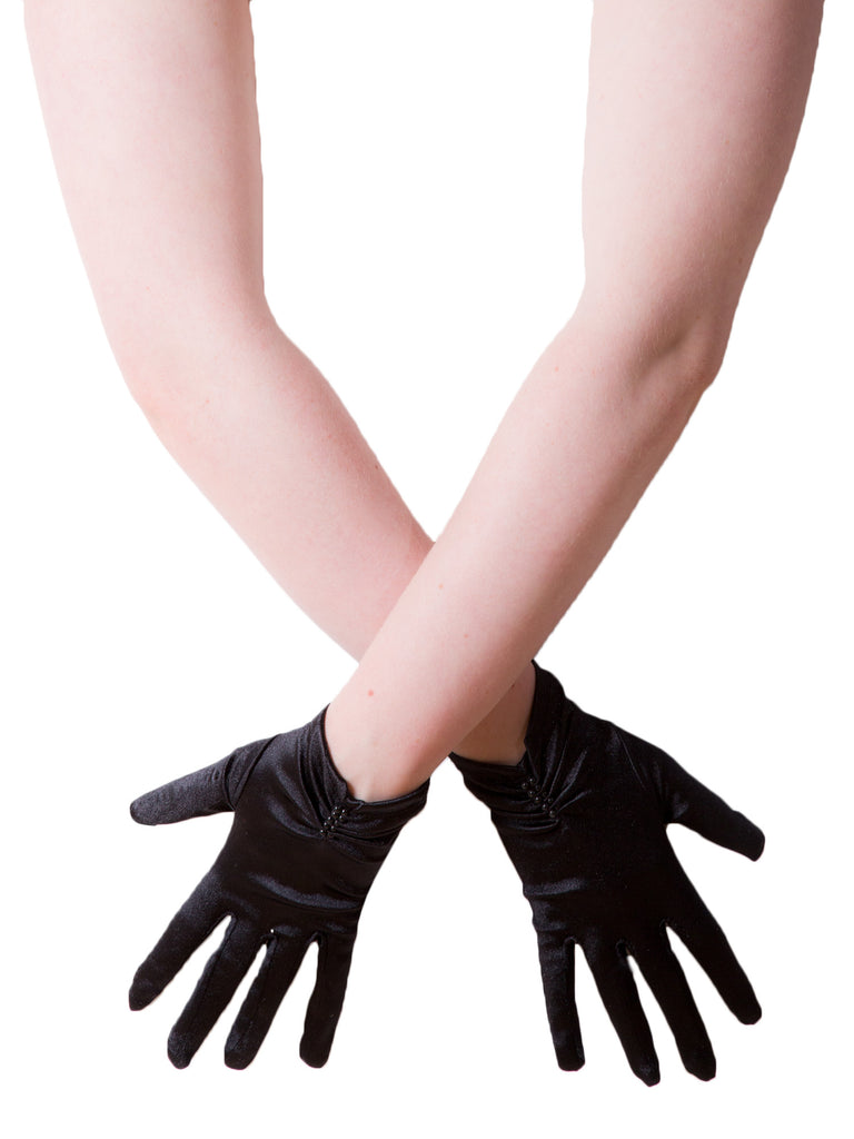 Skin Two UK Black Satin Wrist Gloves With Pearls - One Size Gloves