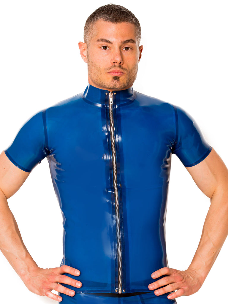 Skin Two UK Blue Collared Zip Latex T-Shirt Top