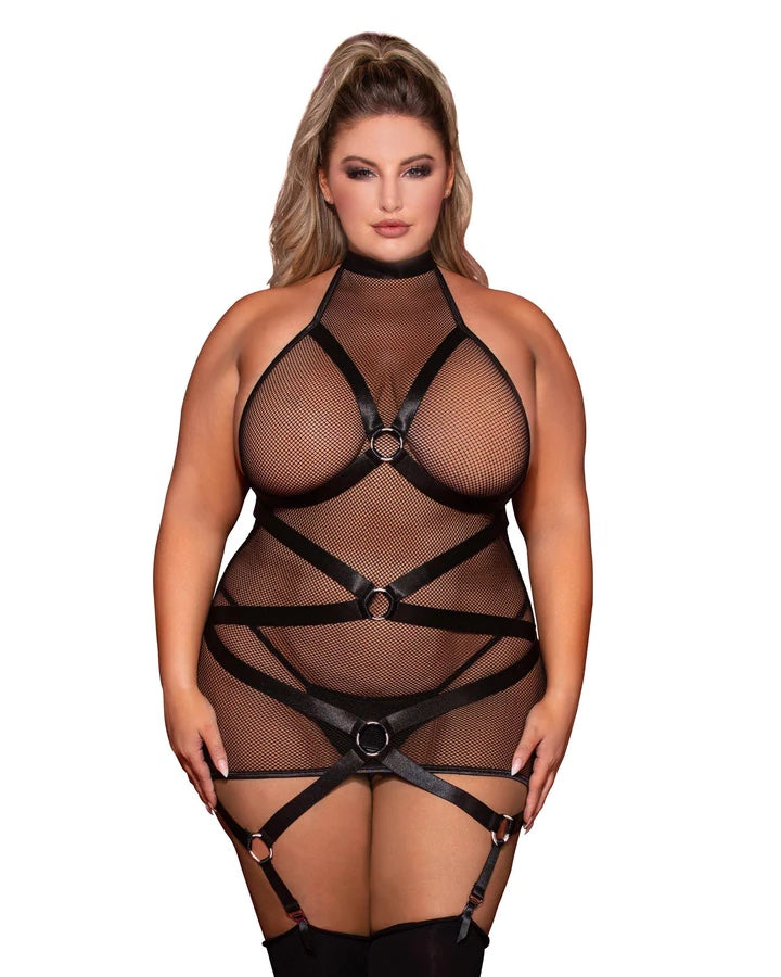 Skin Two UK Stretch Fishnet Halter Garter Slip with Open Back Dress