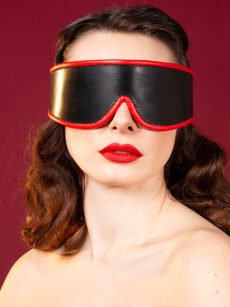 Skin Two UK Deluxe Black & Red Padded Leather Blindfold with Leather Sides - One Size Blindfolds